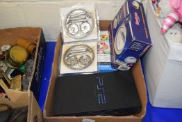 Box including a Goodmans Walkman, Playstation 2, pet hair clippers and curtain rails etc