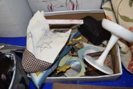 Mixed box of assorted wares to include drinks coasters, plug adaptors etc