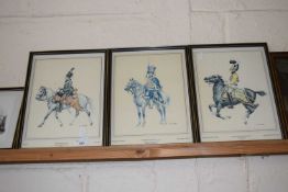 Set of three framed prints of various Hussah Regiments on horseback etc to include Austria,