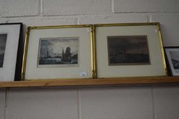 Two framed and glazed watercolour etchings of seascapes and fishing harbour scenes, signed lower