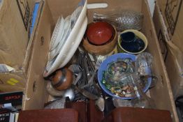 Mixed box to include cutlery, mixed china wares, glass wares, two bookends etc