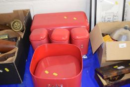 Quantity of kitchen wares, tins, bread bin, cake tin, sugar, tea and coffee tins etc