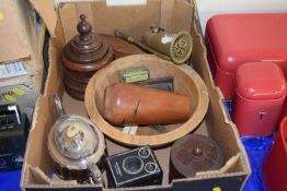 Mixed Lot: Cutlery, silver plated teapot, old Brownie camera, two turned wooden tobacco jars and a