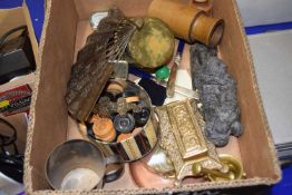 Box comprising various assorted items to include draughts set, small brass pestle and morter,
