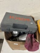 Mixed box of various clearance items to include belt sander, jigsaw etc
