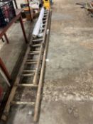 Mixed lot of various wooden ladders together with a roll of plastic sheeting