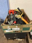 Three mixed boxes of various shed clearance items, hand tools etc
