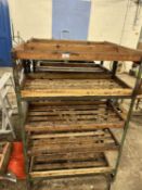 Two vintage workshop storage racks on casters