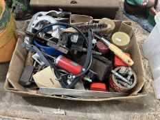 Box of mixed shed clearance items, pumps, foot pumps, bolts etc