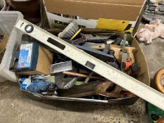 Mixed box of shed clearance items, saws, planes, level etc