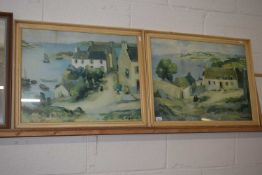 After Pironin - Pair of coloured prints, French coastal villages, framed and glazed