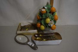 Group lot of Indian white metal backed dressing table hand mirror, beaded evening bag, quantity of