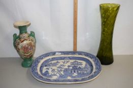 Victorian Willow pattern meat plate, an early 20th Century vase decorated with Oriental figures