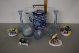Various ceramic and glass items including Royal Adderley flowers, tea kettle with blue and white