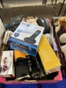 Box of mixed items to include camera tripod, light bulbs, portable telephone etc