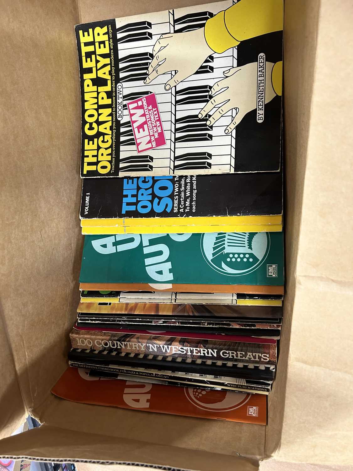 Box of music books for piano