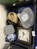 A box of mixed items to include wall clock, decanter etc