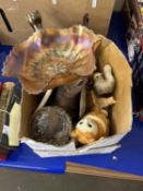 Mixed Lot: Various cat ornaments and a Carnival Glass bowl