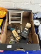 Box of mixed wares to include egg container, dominoes, vintage calculator etc