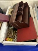 A box of various assorted ceramics, fire tool set etc