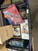 Box of mixed items to include boot socks, cross stitch book, Queens cup and saucer etc