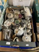 Box of various silver plated and steel kitchen wares