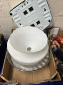 Box of various light shades, bathroom scales etc