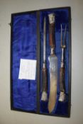 Set of early 20th Century Stag horn and silver mounted carving tools in presentation box, silver