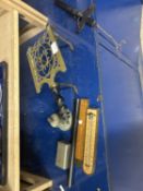 Mixed lot to include a brass trivet, small oak crucifix, small bell etc