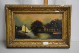 A Beaty Victorian study of a riverside scene with figures, oil on board, gilt framed