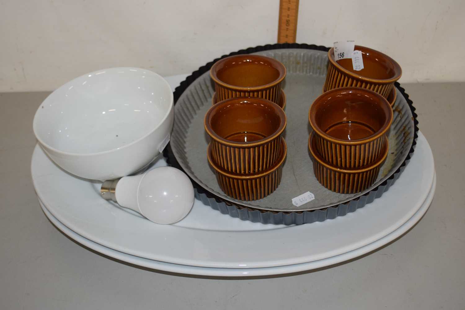 A pair of stone ware kitchen storage jars and other assorted kitchen wares
