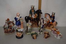 Mixed Lot: Various Staffordshire flat back figures, Royal Doulton miniature character jugs and