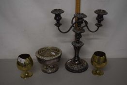 Silver plated candelabra, silver plated rose bowl and two brass goblets