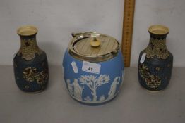 A Wedgwood blue Jasper ware biscuit barrel together with a pair of small late 19th Century