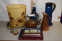 Mixed Lot: A large Denby blue glazed jug, a further pottery table lamp, copper kettle, copper jug,
