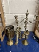 Group Lot: Trench Art shell case decorated with a floral design, brass candlesticks and a large