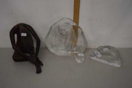 Modern bronzed composition model of a nude together with three clear glass plaques decorated with