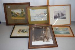 Mixed Lot: Various coloured prints, a small watercolour of Old Hickling Staithe, further watercolour