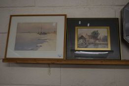 A watercolour study of moored boats, indistinctly signed, framed and glazed together with John