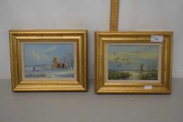 K W Hastings - The Gathering Dusk and Snow at St Benets Abbey, acrylic studies on board, gilt
