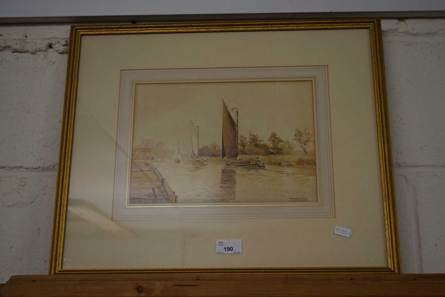 William Leslie Rackham Broadland riverside scene with Wherry's, gilt framed and glazed