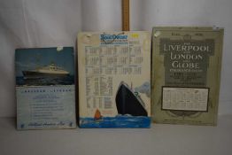 Three printed brochures depicting ships and insurance for Liverpool & London Globe
