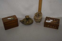 Group of small wooden boxes and Middle Eastern pottery ewer