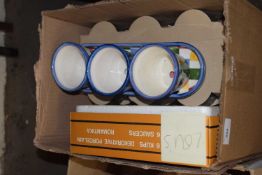 Box of glass sundae dishes, boxed porcelain tea set and other items