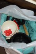 Box of vintage style radio, Homepride figures and other dressing table items etc