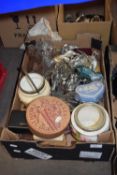 Box of various animal models, glass wares, Wedgwood jasperware trinket box, Poole dolphin etc