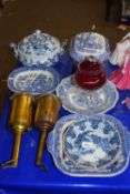 Blue and white table wares, two brass spit jacks etc