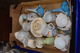 Box of mixed tea wares, blue glass stem vases etc