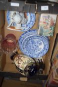Box of blue and white plates, Staffordshire spaniels etc