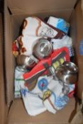 Box of drinking glasses and stainless steel kitchen wares